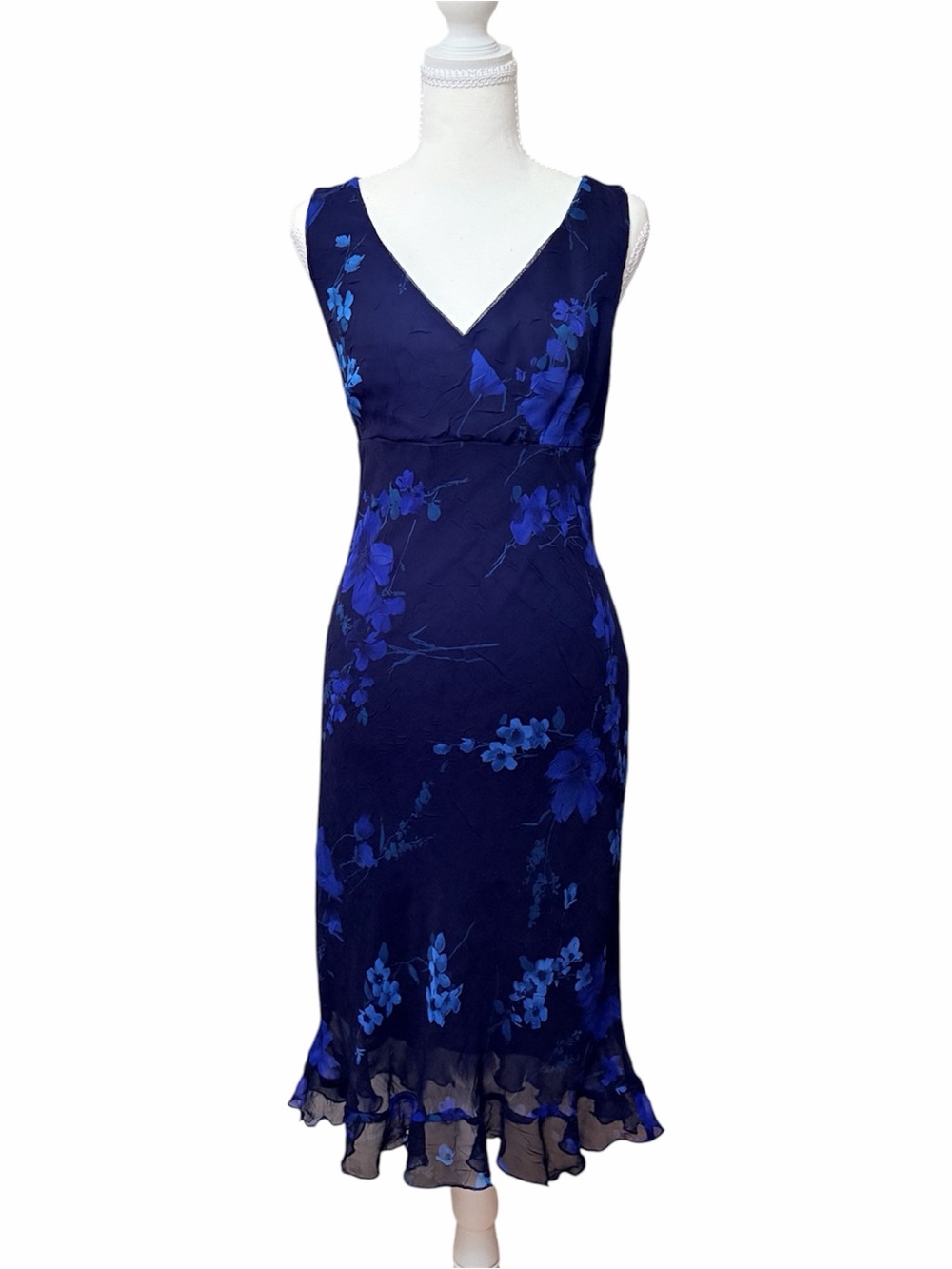 Vintage City Triangles Blue Floral Chiffon Midi Dress Size 13 Y2K